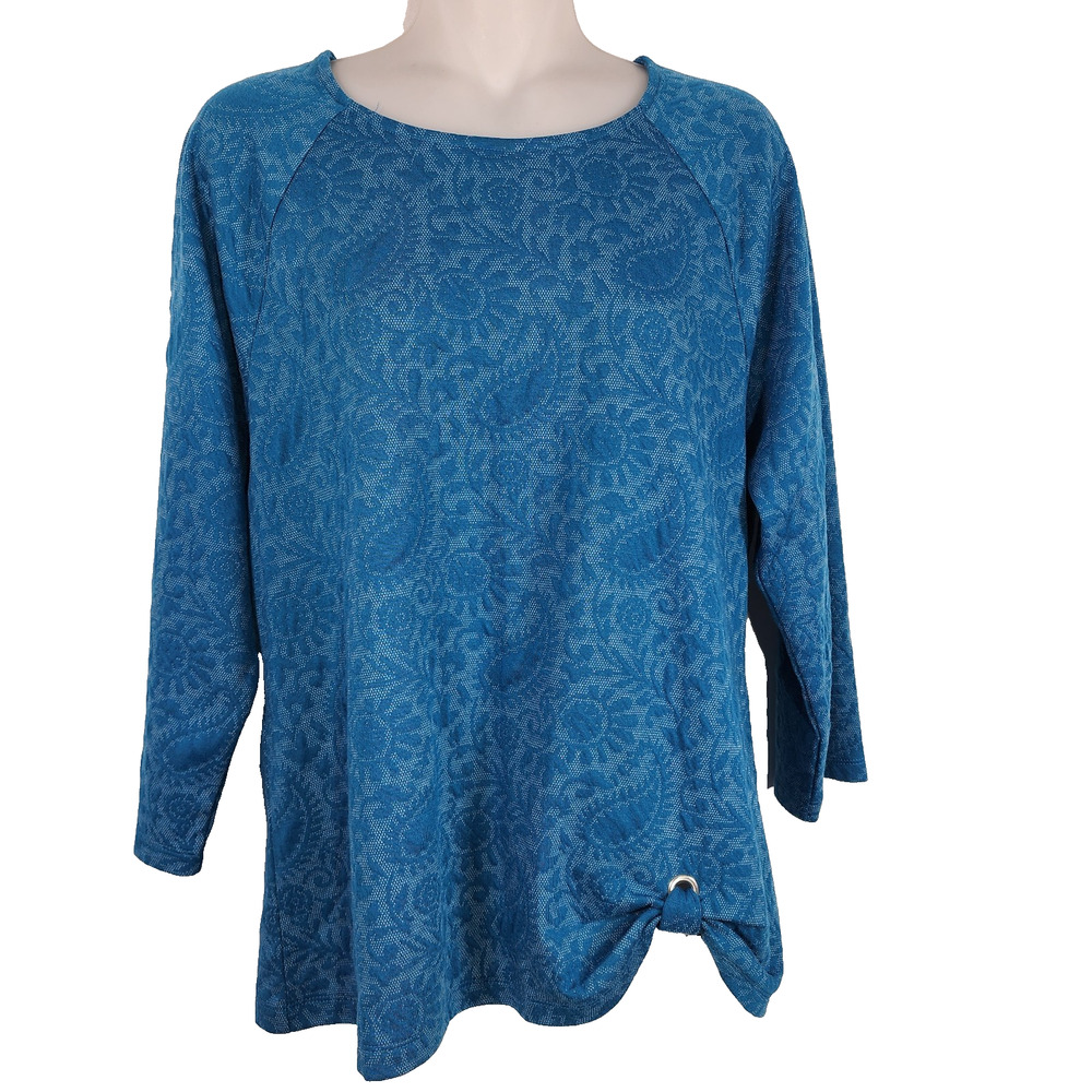 Chico's Womens Paisley Jacquard Side Grommet Teal Tunic 3/4 Sleeve Size 1 Medium